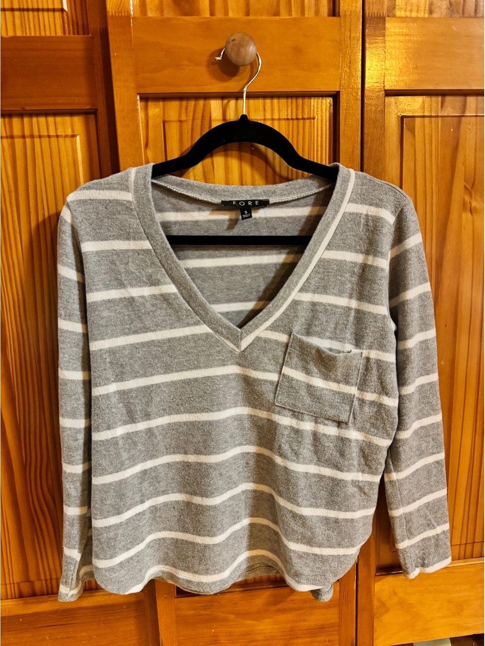 Fore Gray White Striped V-Neck Long Sleeve Top